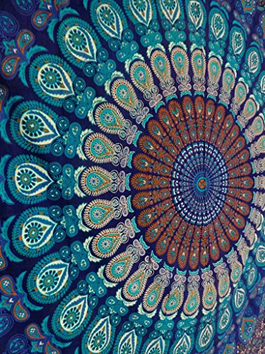 Handicrunch Blue Color Theme Queen Size Mandala Wandkleden, Psychedelic Indiase Tapestry Bedding, Bohemian Wall Opknoping, bloemenprint Bed Cover von Handicrunch