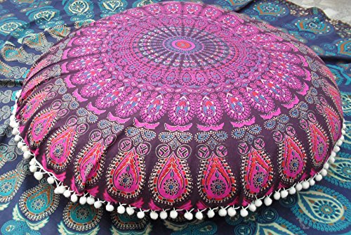 Handicrunch Runde Mandala Bodenkissen, 32 Dekoüberwurf Kissen-, Indian Puff, Boho Ottoman, Pompon Außenkissenbezug, Boho Kissen Shams von Handicrunch