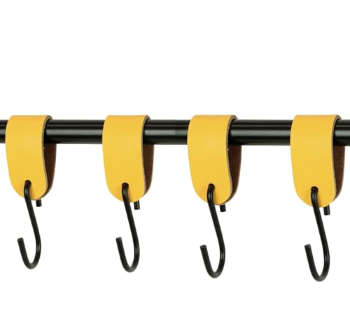Handles and More - 4 x S Haken für Kleiderstangen - Gelb - Größe S - für max. Durchmesser 30mm - Kleiderhaken mit Lederschlaufe - Garderobenhaken aus echtem Leder - Fleischerhaken für Garderobe von Handles and more