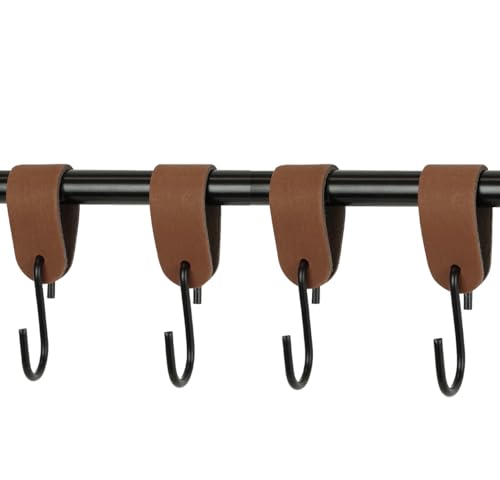 Handles and More - 4 x S Haken für Kleiderstangen - Hellbraun - Größe S - für max. Durchmesser 30mm - Kleiderhaken mit Lederschlaufe - Garderobenhaken aus echtem Leder - Fleischerhaken für Garderobe von Handles and more