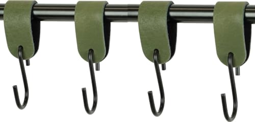 Handles and More - 4 x S Haken für Kleiderstangen - Khaki - Größe M - für max. Durchmesser 38mm - Kleiderhaken mit Lederschlaufe - Garderobenhaken aus echtem Leder - Fleischerhaken für Garderobe von Handles and more