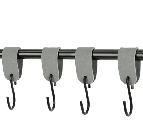 Handles and More - 4 x S Haken für Kleiderstangen - Suede Grau - Größe L - für max. Durchmesser 49mm - Kleiderhaken mit Lederschlaufe - Garderobenhaken aus echtem Leder - Fleischerhaken für Garderobe von Handles and more