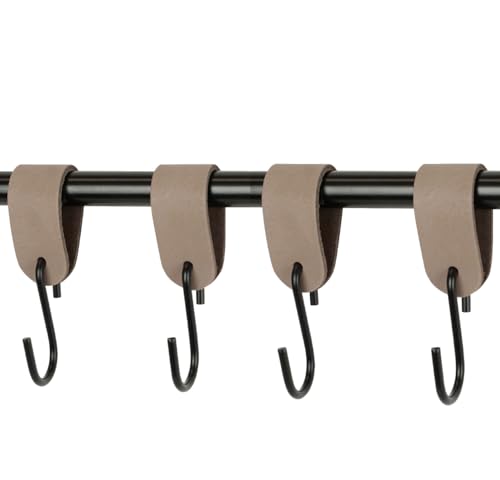 Handles and More - 4 x S Haken für Kleiderstangen - Taupe - Größe S - für max. Durchmesser 30mm - Kleiderhaken mit Lederschlaufe - Garderobenhaken aus echtem Leder - Fleischerhaken für Garderobe von Handles and more