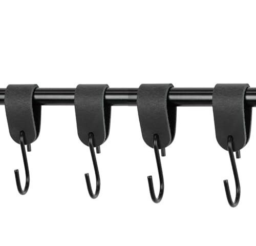 Handles and More - 4X S Haken für Kleiderstangen - Vintage Schwarz - Größe M - für max. Durchmesser 30mm - Kleiderhaken mit Lederschlaufe - Garderobenhaken aus echtem Leder - Fleischerhaken Garderobe von Handles and more