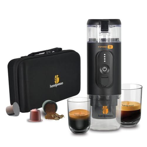 Handpresso - E-PRESSO+ tragbarer Kaffeebereiter und Koffer | Mini-Kaffeemaschine, tragbar, wiederaufladbar, USB, für Espressokapseln oder gemahlenen Kaffee, großer Tank 90 ml (max. 110 ml) Akku 3 x von Handpresso
