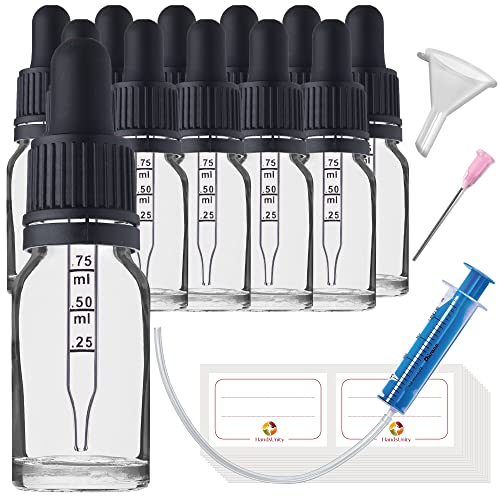 HandsUnity 10ml-12Stk Pipette Glasflasche - Klarglas-Apothekenglas-Set mit schwarzer Pipettenkappe enthält 29 Stück Hilfsmittel transparente Glasflaschen von HandsUnity