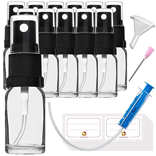 HandsUnity 10ml-12Stk Sprühglasflasche - Apotheke Klarglasflaschenset mit schwarzem Zerstäuber Glassprühflasche aus transparentem Glas inklusive 29 Zubehörteile von HandsUnity