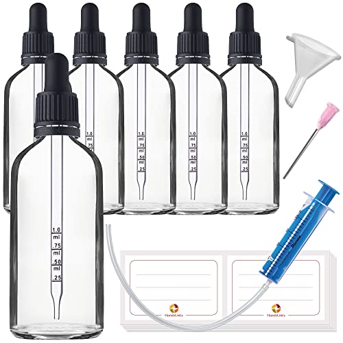 HandsUnity 100ml-6Stk Pipette Glasflasche - Klarglas-Apothekenglas-Set mit schwarzer Pipettenkappe enthält 17 Stück Hilfsmittel transparente Glasflaschen von HandsUnity