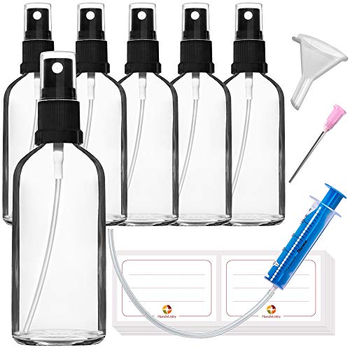 HandsUnity 100ml-6Stk Sprühglasflasche - Apotheke Klarglasflaschenset mit schwarzem Zerstäuber Glassprühflasche aus transparentem Glas inklusive 17 Zubehörteile von HandsUnity