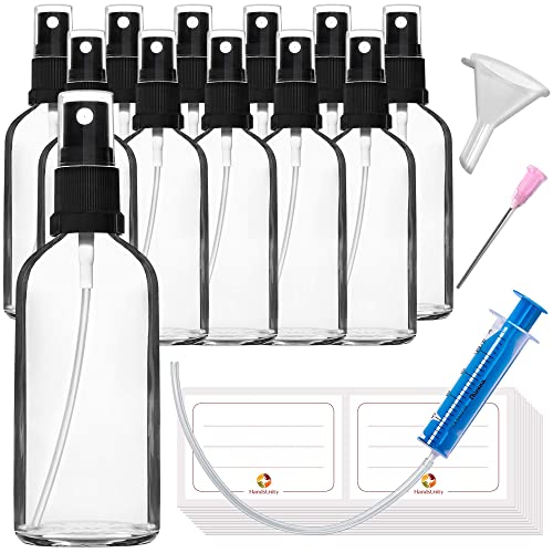 HandsUnity 100ml-12Stk Sprühglasflasche - Apotheke Klarglasflaschenset mit schwarzem Zerstäuber Glassprühflasche aus transparentem Glas inklusive 29 Zubehörteile von HandsUnity