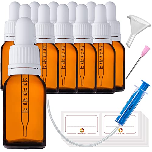 HandsUnity 15 ml-12 Stück Pipetten-Flaschen, kleine Glasflasche – Apothekerflasche aus bernsteinfarbenem Glas mit Pipettendeckel, Weiß, bestehend aus 29 Zubehörteilen aus braunem Glas von HandsUnity