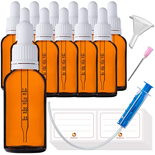HandsUnity 30 ml - 12 kleine Glasflaschen – Apothekerflaschen aus bernsteinfarbenem Glas mit Pipettendeckel, weiß, inkl. 29 Zubehörteile aus braunem Glas von HandsUnity