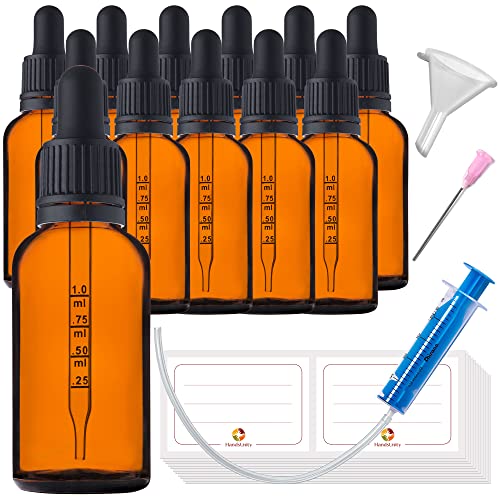 HandsUnity Pipettenflasche kleine Glasflasche 30ml-12Stk - Apothekerglas set aus Bernsteinglas mit schwarzer Pipettenkappe Inklusive 29 Stk Hilfszubehör Braunglasflaschen von HandsUnity
