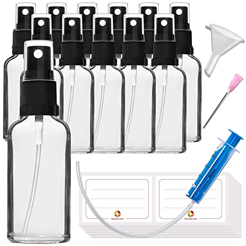 HandsUnity Sprühglasflasche 50ml-12Stk - Apotheke Klarglasflaschenset mit schwarzem Zerstäuber Glassprühflasche aus transparentem Glas inklusive 29 Zubehörteile von HandsUnity