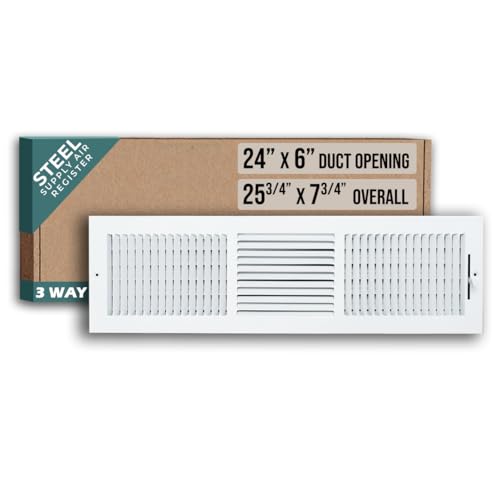 Passend für 24 x 6 Kanalöffnung 3-Wege-Stahl-Luftzufuhr-Diffusor von Handua | Register-Lüftungsgitter für Seitenwand und Decke | Weiß | Außenmaße: 62,9 x 19,7 cm von Handua