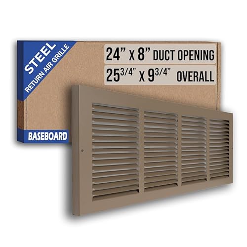 Passend für 61 x 20,3 cm große Kanalöffnung, Stahl-Rückluftgitter von Handua | Lüftungsgitter, 2,2 cm Randumdrehung [Tiefe] für Sockelleiste | Braun | Außenmaße (B x H): 65 x 24 cm von Handua