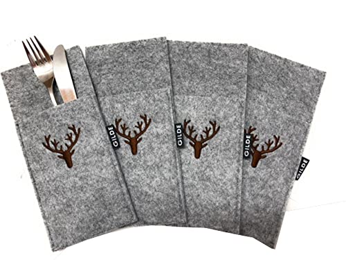 Handwerk Gilde 4er Set Filz Bestecktaschen Hirsch hellgrau groß 28x11x1cm von Handwerk Gilde