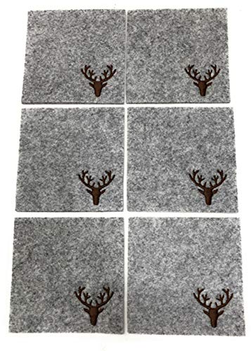 Handwerk Gilde Glasuntersetzer Filz 10x10 cm 6 Stück hellgrau mit braun gesticktem Hirsch von Handwerk Gilde