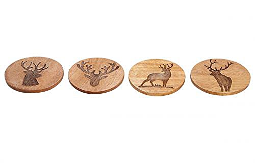 Untersetzer Mangoholz mit verschiedenen Hirschmotiven 4 Stück rund 10 cm von Handwerk Gilde