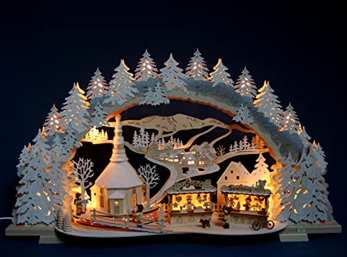 Großer 3D Kirmes Schwibbogen verschneit 72cm - Seiffener Kirche & Weihnachtsmarkt - Handarbeit aus dem Erzgebirge von Handwerkskunst / Handarbeit aus dem Erzgebirge