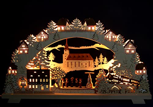 Großer 3D Schwibbogen 68cm Weihnachtsdorf mit Zug Handwerkskunst aus dem Erzgebirge, Lichterbogen mit Eisenbahn von Handwerkskunst / Handarbeit aus dem Erzgebirge