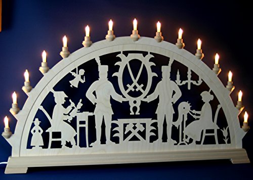 Großer XXL 100cm Laubsäge-Schwibbogen mit Bergmann, Schnitzer, Klöppelfrau - 15 Kerzen, hergestellt im Erzgebirge von Handwerkskunst / Handarbeit aus dem Erzgebirge