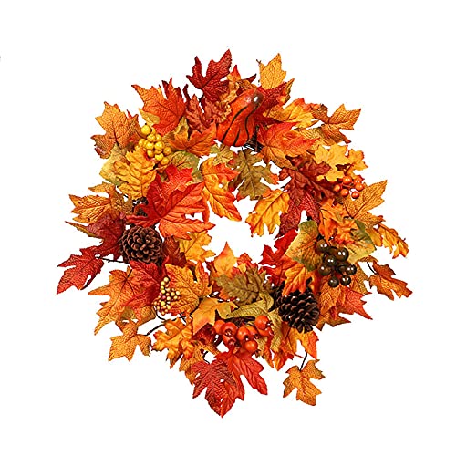 Türkranz Herbstkranz Künstlicher Kranz mit Kürbisbeeren Tannenzapfen und Ahornblatt für Halloween Thanksgiving Herbstferien Dekorationen 50CM von Hangarone