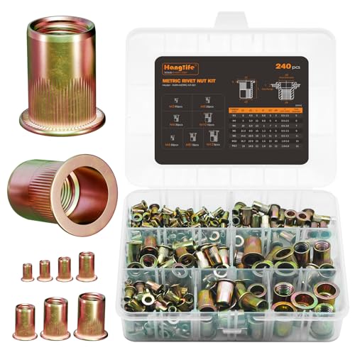 HANGLIFE Nietmutter Sortiment Set (240 Stück) - Gewindenieten M3, M4, M5, M6, M8, M10, M12- Blindnietmuttern aus verzinktem Kohlenstoffstahl mit geriffeltem Körper, Einziehmuttern von Hanglife