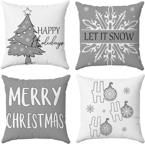 Hangood 4 Stück Kissenbezug Weihnachten Deko Kissenhülle Dekorative Dekokissen Sofakissen Bezug für Sofa Schlafzimmer 20x20 Zoll 50cm x 50cm Graue Schneeflocke von Hangood