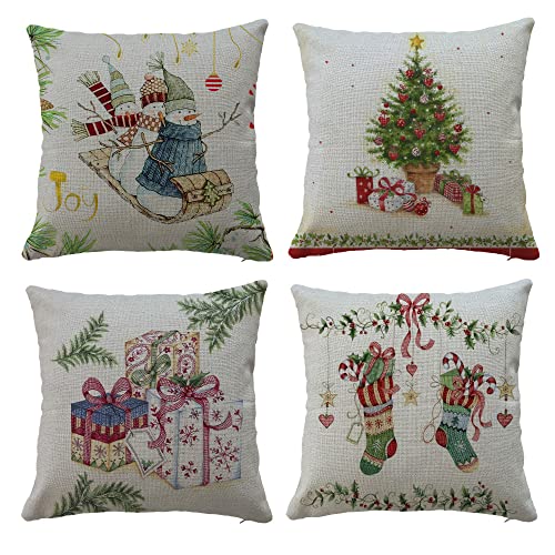 Hangood 4 Stück Kissenbezug Weihnachten Deko Kissenhülle Dekorative Dekokissen Sofakissen Bezug für Sofa Schlafzimmer 20x20 Zoll 50cm x 50cm Vintae Schneemann Baum von Hangood