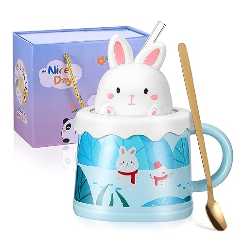 Hangrow Keramik Kaffeetasse Teetasse Mit Deckel Strohhalm und Exquisite Geschenkbox, 350ml Süßer Hase Tasse Keramik Teetasse Lustige Tassen Neuheit Geschenke Geburtstag von Hangrow