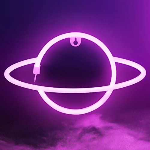 Hangrow Planet Neon Light, Acryl Neon Schild LED Schild für Wanddekoration, USB-Aufladung/Akku, Planet Nachtlampe Neon Bar Schild Leuchten Buchstaben Wandleuchten, LED Deko Neon Schilder (Rosa) von Hangrow