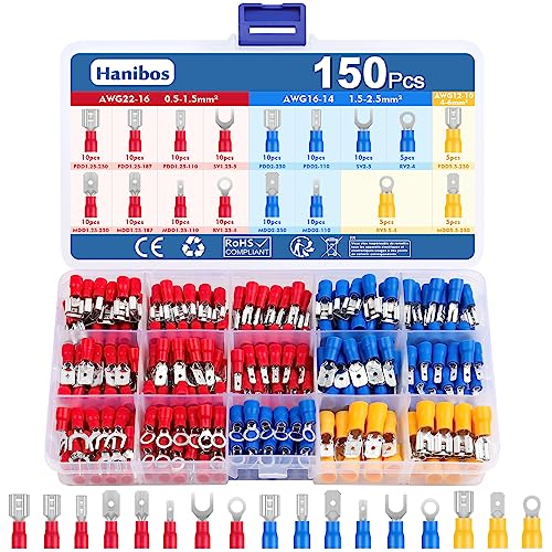 150 Stück Kabelschuhe Set, Hanibos Sortiment 0.5-6.0mm² Elektrische Steckverbinder Flachstecker und Gabelkabelschuhe, Ringkabelschuhe KFZ, Polyvinylchlorid von Hanibos
