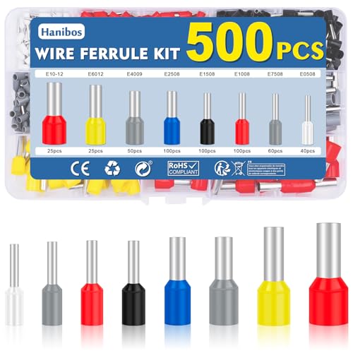 500 Stück Aderendhülsen Set, Hanibos 0.5-10mm² (22-7 AWG) Isolierte Aderhülsen Kabelhülsen Aderendhülsen Sortiment für Drahtverbindung von Hanibos