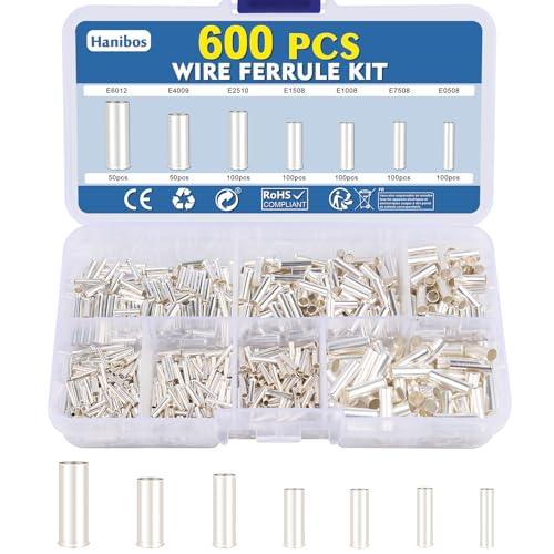 600 Stück Aderendhülsen Sortiment, Hanibos 0.5-6mm² (22-10 AWG) Aderendhülsen Set Unisoliert Kabelhülsen Drahtende Kupfer-Crimp Pin Endklemmenverbinder für Drahtverbindung von Hanibos