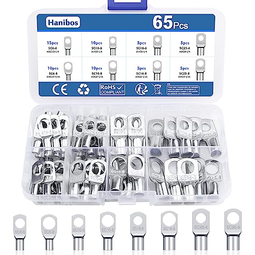 65 Stück Rohrkabelschuh Set, Hanibos Kabelschuhe 6mm²10mm²16mm²25mm² Ringkabelschuhe M6 M8 Verzinnte Kupferkabelschuhe Quetschverbinder Set für Batteriekabel Kfz Verteilerkästen von Hanibos