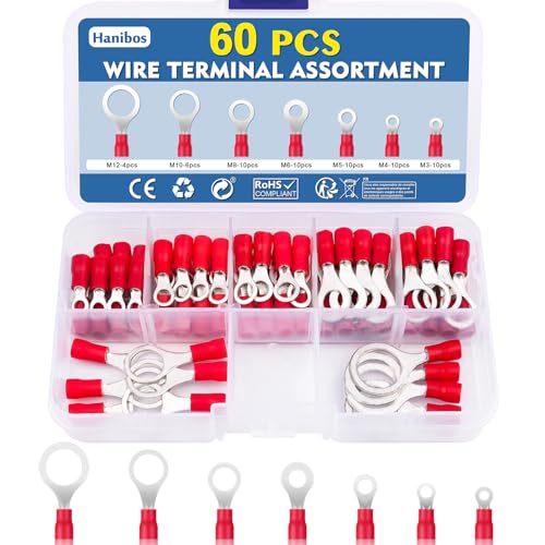 Hanibos 60 Stück Ringkabelschuhe 0.5-1.5mm² Rot Kabelschuhe Quetschverbinder 22-16 AWG Ring Kabelschuhe Loch-Ø M3 M4 M5 M6 M8 M10 M12 Kabelschuhe Rund 7 Größe von Hanibos