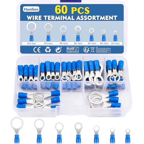Hanibos 60 Stück Ringkabelschuhe 1.5-2.5mm² Blau Quetschverbinder 16-14 AWG Loch-Ø M3 M4 M5 M6 M8 M10 M12 Rund 7 Größe von Hanibos