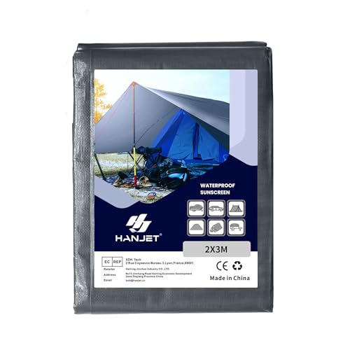 Hanjet Abdeckplane wasserdicht 260g/m² grau, PE Plane, allwetterfeste, wasserdichter Schutzplane Bodenplane als Zeltdach für Pool, Holz, Auto, Boot (2 x 3 m) von Hanjet