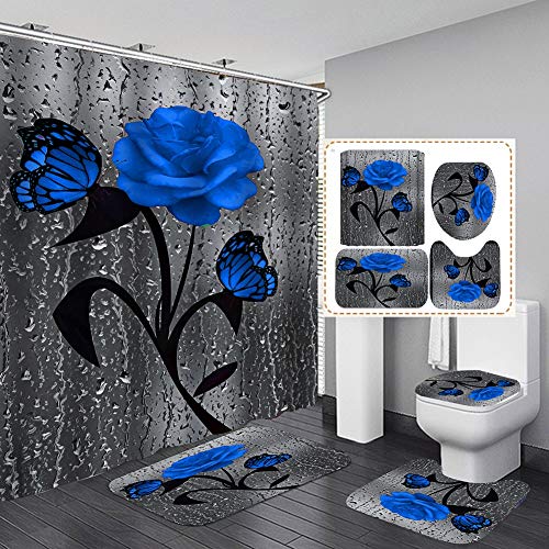 4 STK. Blumenduschvorhang-Sets mit rutschfesten Teppichen, Toilettendeckel und Badematte, Rose Flower Regentropfen-Duschvorhang mit 12 Haken, wasserdichter Stoff-Duschvorhang Badezimmerdekor von Bullpiano