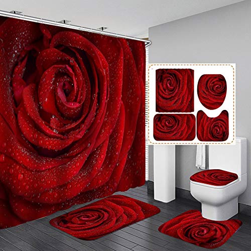 Hankyky Rose Dusche Vorhang Sets mit rutschfesten Teppich, Toilette Deckel Abdeckung, schwarz und rot Design Bad Mat Valnetine Tag Hochzeit Badezimmer Dekoration Dekor Stoff Badezimmer Dekor Set mit von Hankyky