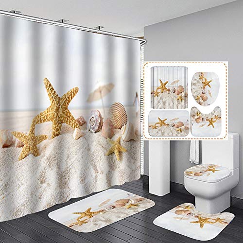 Hankyky Seastar Duschvorhang Set Muscheln Seestern Strand Bad Duschvorhang mit rutschfesten Teppichen Toilettendeckel und Badematte, Stoff Wasserdichtes Badezimmerzubehör Set mit Vorhanghaken von Bullpiano