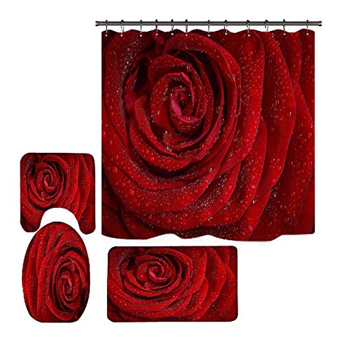 Hankyky Valentines Duschvorhang Romantische rote Rose Blumen Sweet Heart Love Duschvorhang-Sets mit rutschfestem Teppich Toilettendeckel, Badematte und 12 Haken,Wasserdichten Duschvorhang-Sets von Bullpiano