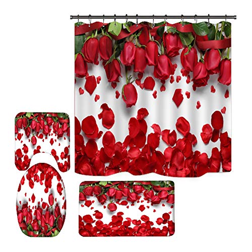 Hankyky Valentines Duschvorhang Romantische rote Rose Blumen Sweet Heart Love Duschvorhang-Sets mit rutschfestem Teppich Toilettendeckel, Badematte und 12 Haken,wasserdichten Duschvorhang-Sets Hankyky Valentines Duschvorhang Romantische rote Rose Blumen Sweet Heart Love Duschvorhang-Sets mit rutschfestem Teppich Toilettendeckel, Badematte und 12 Haken,wasserdichten Duschvorhang-Sets von Bullpiano