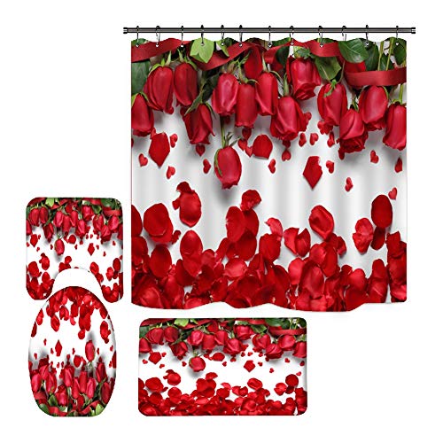 Hankyky Valentines Duschvorhang Romantische rote Rose Blumen Sweet Heart Love Duschvorhang-Sets mit rutschfestem Teppich Toilettendeckel, Badematte und 12 Haken,Wasserdichten Duschvorhang-Sets von Bullpiano