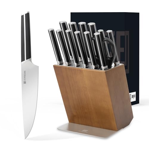 15-teiliges Messerset mit Messerblock, Küchen Messerset mit Holzblock, Messer aus deutschem Kohlenstoffstahl X50CrMoV15 mit Kochmesser, Santokumesser, Steakmesser, Schälmesser und Schere von Hanmaster