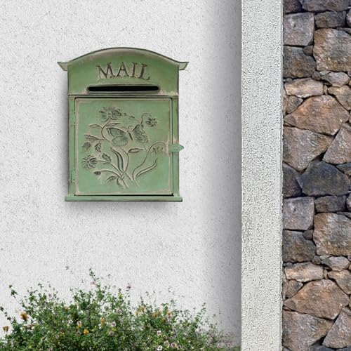 Briefkasten Wandhalterung, Vintage-Briefkasten, Metall-Briefkästen, antike englische Guss-Briefkästen mit abschließbarem Riegel für Haus/Außen-Dekoration, 27 * 10.5 * 31.2cm, grün von Hanmorfarbi
