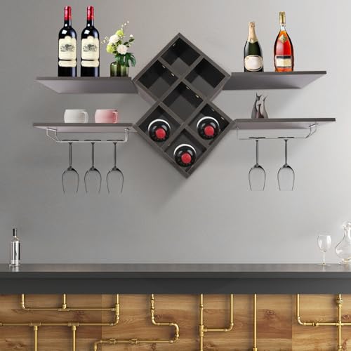 Weinregal Wand mit Glashalter, 2-tier Wand montiert Weinregal Veranstalter, Multifunktionale hölzerne Weinregal, Getränke-Regal mit Display Speichereinheit Regale für Haus Küche Bar,Schwarz Walnuss von Hanmorfarbi