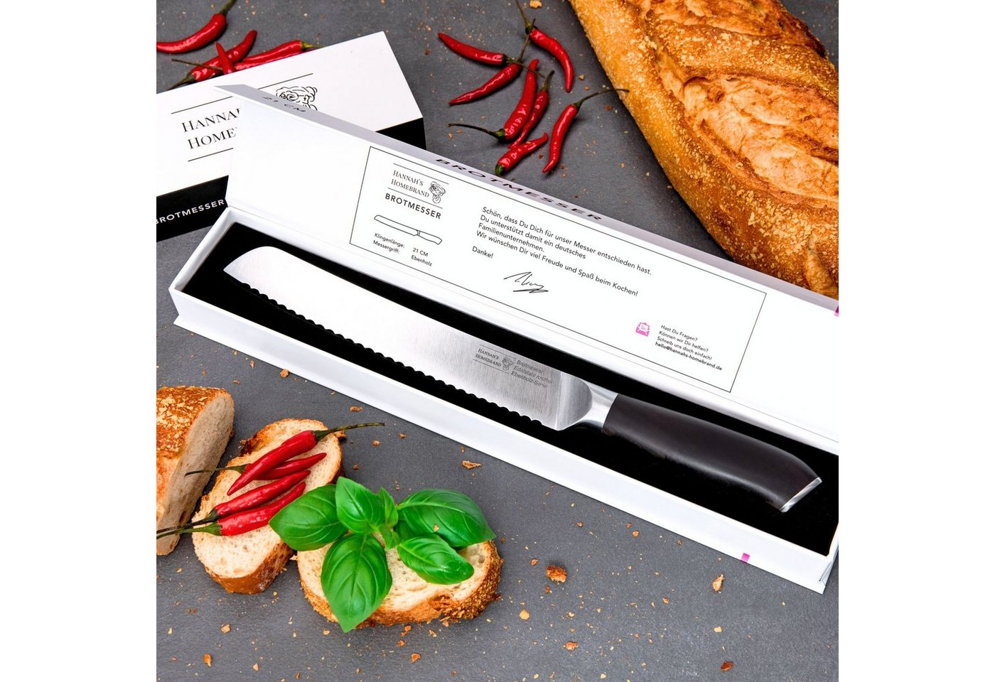 Hannah's Homebrand Brotmesser mit flachem Wellenschliff aus Ebenholz, Brotmesser mit verblüffend leichtem Schnitt von Hannah's Homebrand