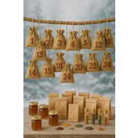 Adventskalender 2025 Mit Tee, Gewürzen & Fruchtaufstrichen Und Anderen Kräuterprodukten- Jute Säckchen - Handmade Genusskalender von HannasKRAUTs